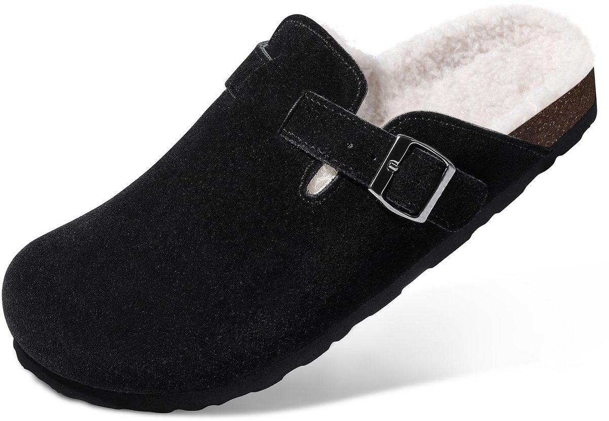 Homaxy - Unisex Clogs - Klompen Voor Dames - Klompen Van Echt Suède Met Bontvoering - Houten Cogs - Zwart - 41 - Geschikt voor een voetlengte van 25.7cm