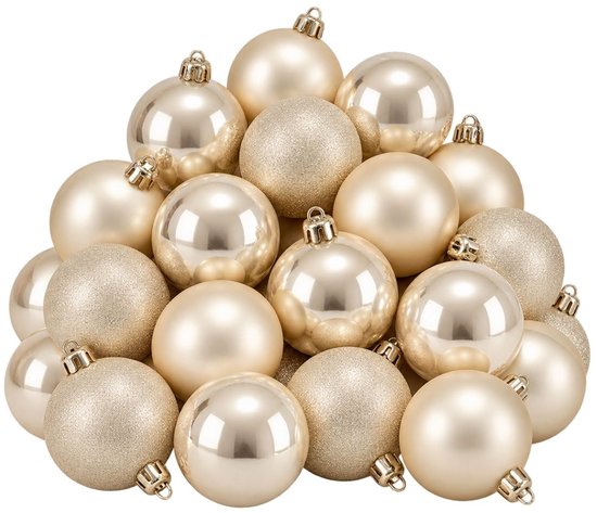 Mica Decorations Bal Onbreekbaar Creme 27 Stuks - Kerstballenset van Kunststof - Onbreekbare Kerstballen Ø8 cm - Ideaal voor Kinderen en Huisdieren in de Kerstboom - Crème/Wit