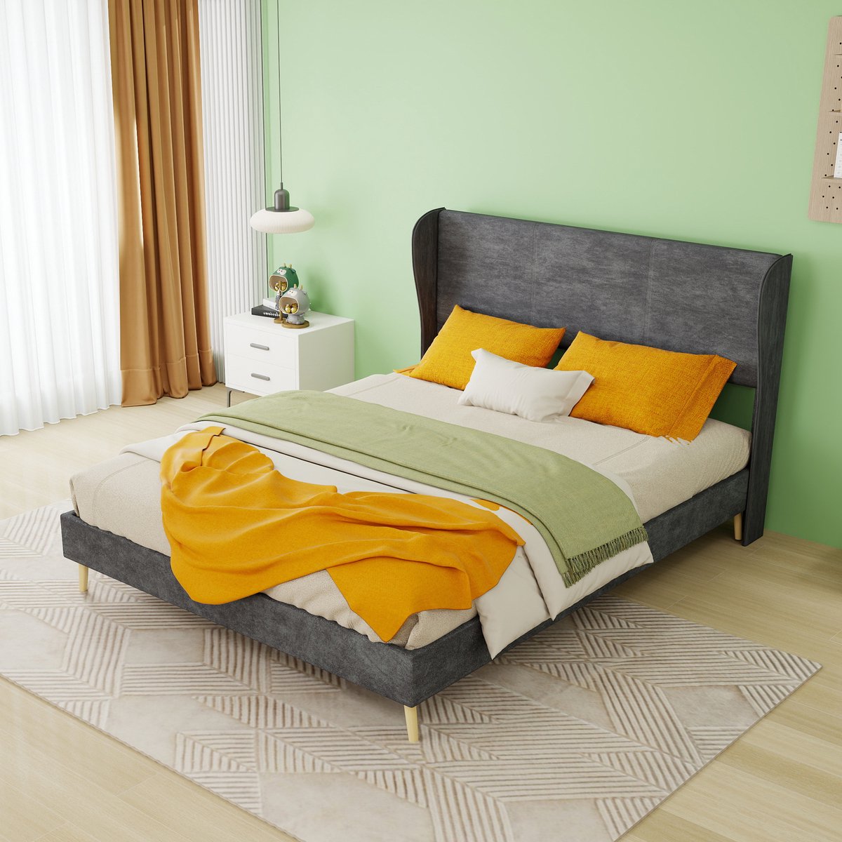 WUVRIE Gestoffeerd bedframe 140x200 cm met zacht hoofdbord en lattenbodem, grijs