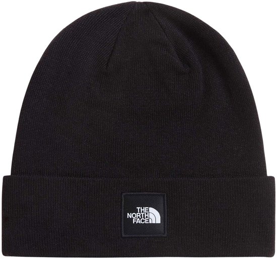Zwarte gebreide muts van The North Face met wit logo-patch.