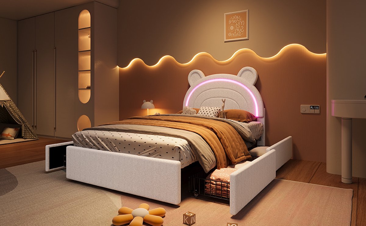 DESMIU Kinderbed 90 x 200 cm – Berenhoofdbord Met Appgestuurde LED-Verlichting – 4 Opbergladen – Lattenbodem – Fluweel – Beige – Zonder Matras