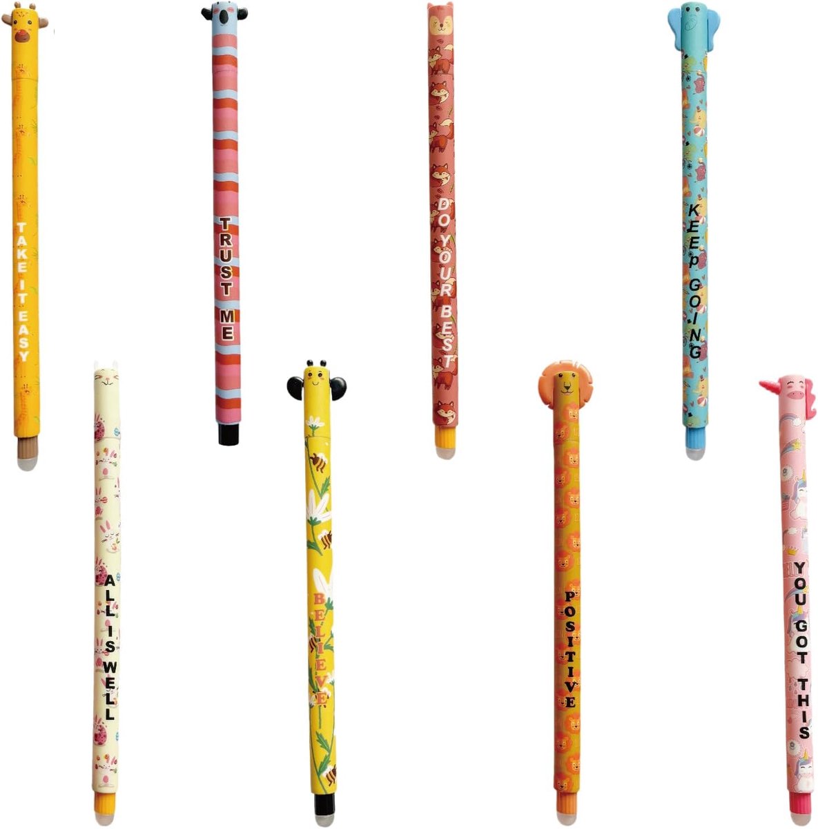 SnelShoppen - 8 Uitwisbare Pennen 0,7 mm - Zwarte Gelpennen met Diermotieven en Inspirerende Spreuken - Ideaal voor School, Eerste Schooldag en Kantoo
