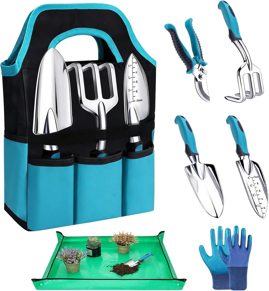 SnelShoppen - Tuinset 7-delig - Roestvrije Tuin Gereedschapset met Duurzame Opbergtas en Potgrondmat - Perfect Tuin Cadeau voor Mannen en Vrouwen - Vo