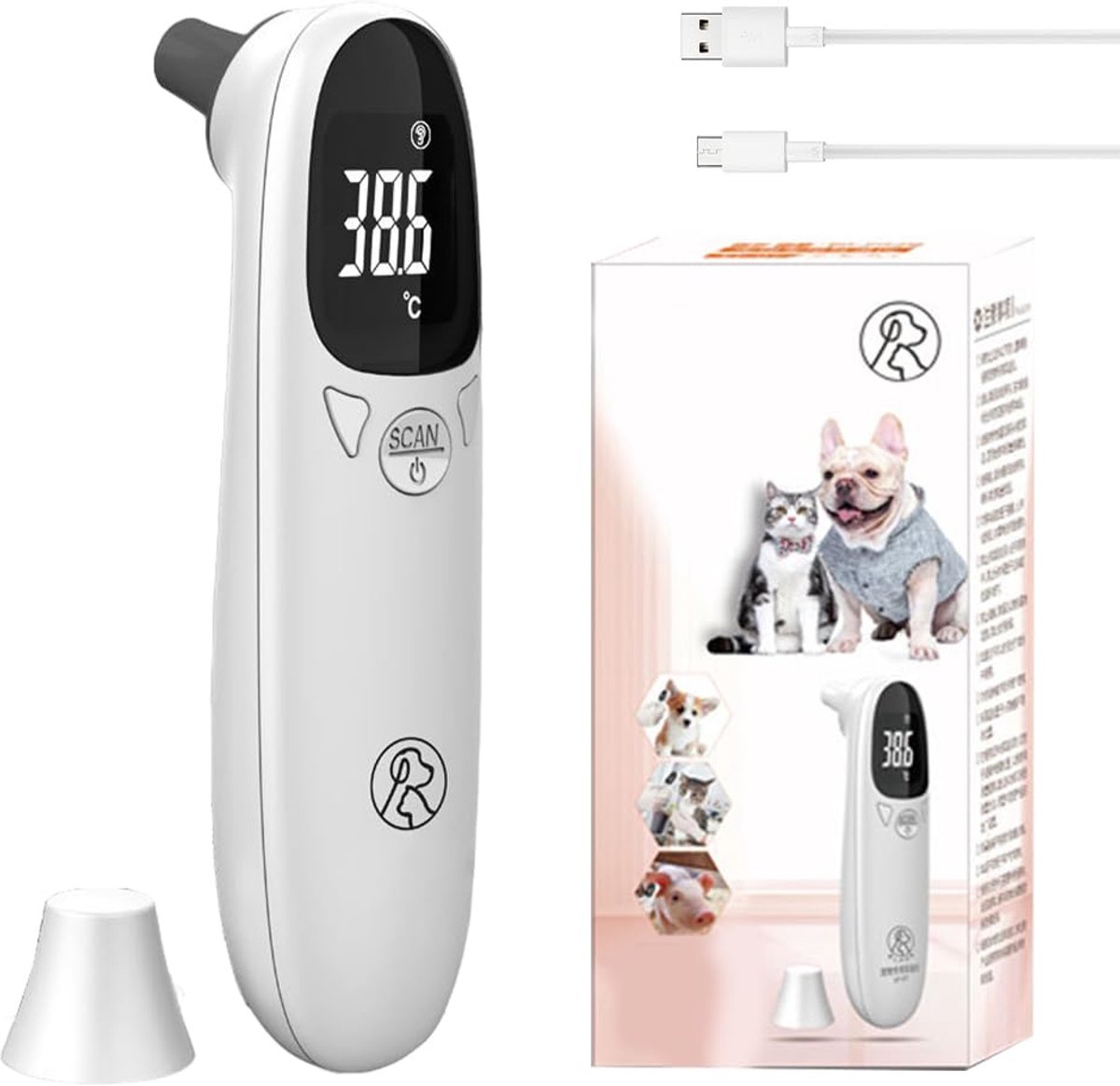 SnelShoppen - Digitale Oorthermometer voor Honden en Katten, Dieren Thermometer met LED Display, Snelle en Nauwkeurige Temperatuurmeting voor Huisdier