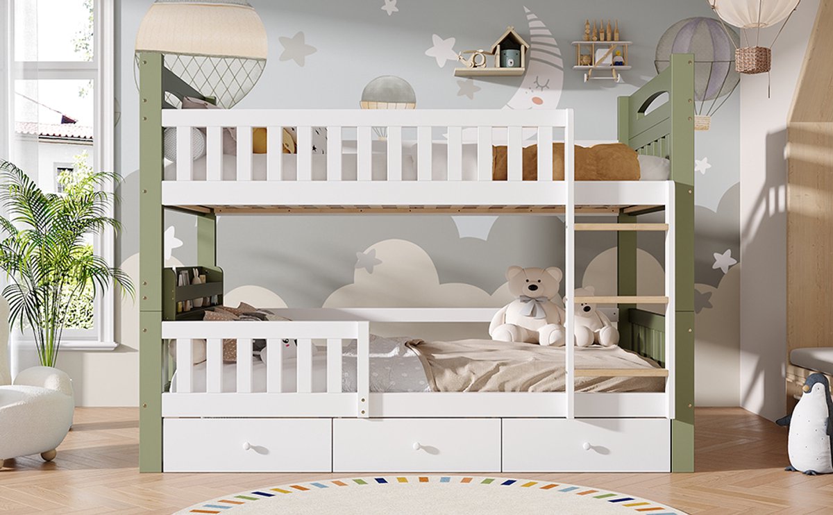 DESMIU Stapelbed 90 x 200 cm – Kinderbed Met Ladder En Veiligheidsreling – 3 Lades En Zijrek – Hout En MDF – Zonder Matras – Wit Groen