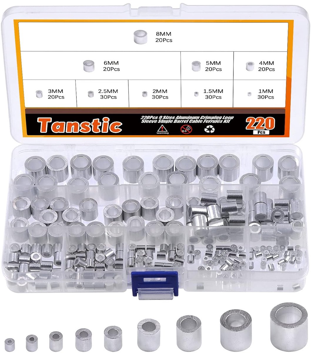 Tanstic 220Pcs 9 Sizes Aluminum Shrink Loop Sleeve, Single Barrel Cable Ferrule Wire Rope Sleeve Loops Sleeve - ShopVlot