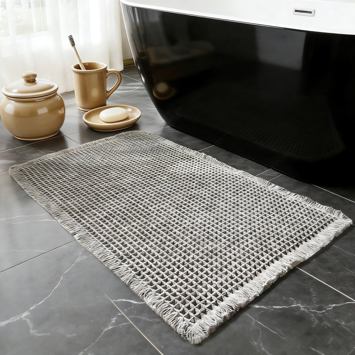 Badmat, boho-badmat, grijs, wasbaar, badkamermat, antislip, douchemat voor woonkamer, slaapkamer, badkamer, decoratie - ShopVlot