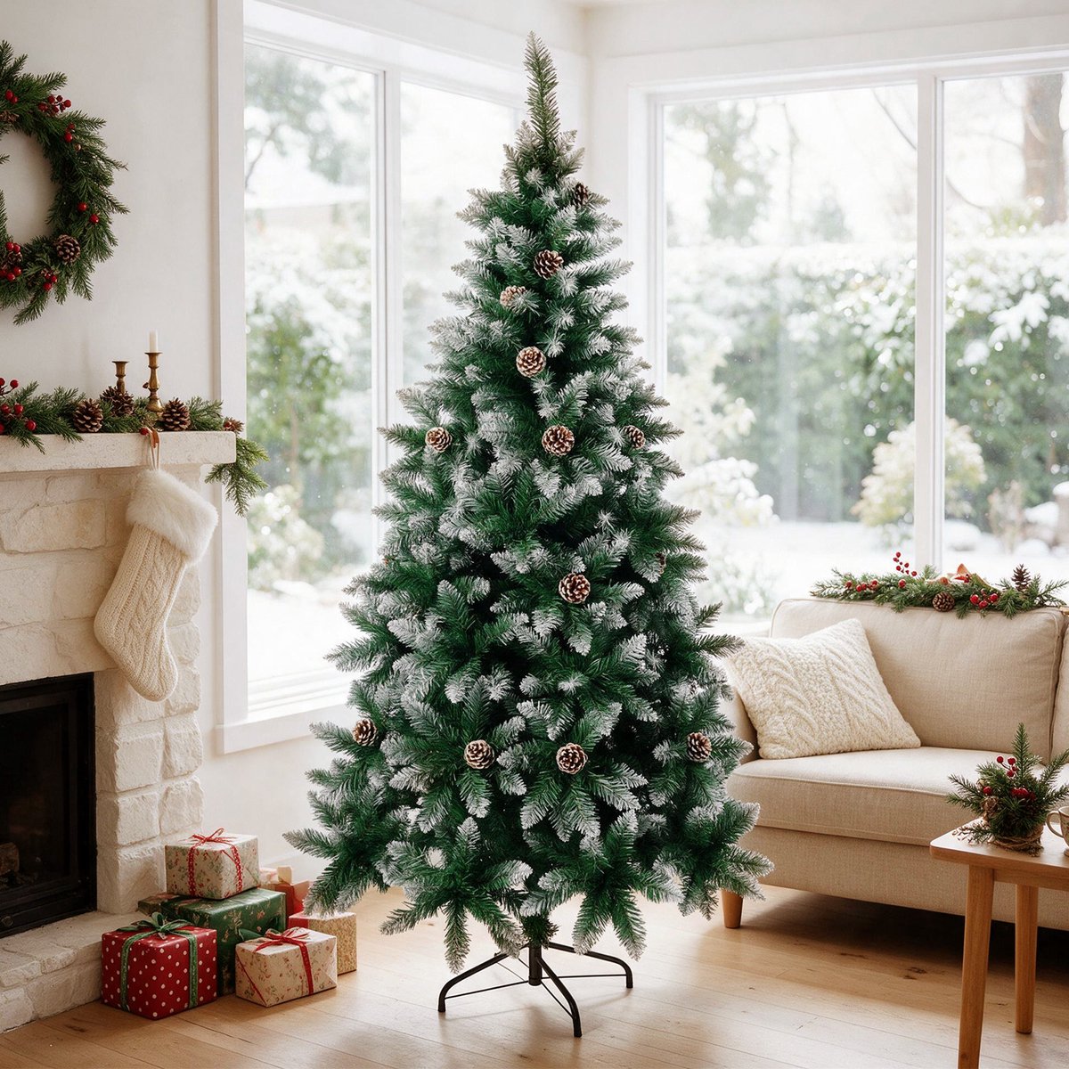 Arvioo - Kerstboom - Groen met sneeuw - 210cm - Met dennenappels – foto 8
