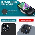 Zwart telefoonhoesje met MagSafe technologie laat iPhone draadloos opladen. De achterkant en een grijze hoes met gebroken cameralens zijn zichtbaar.