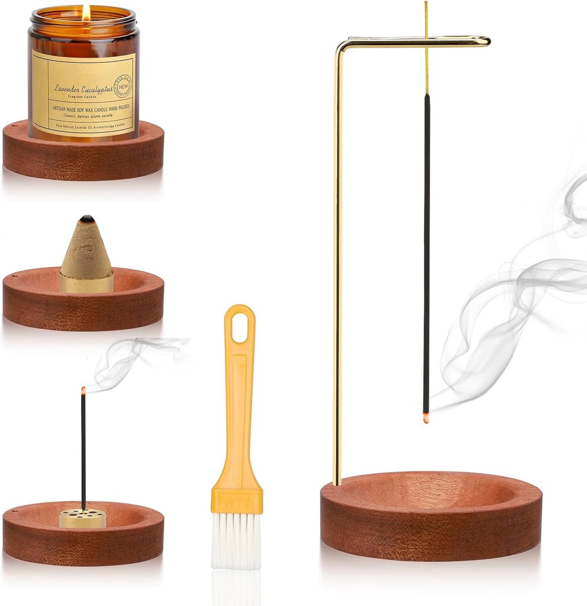 Incense Stick Holder, 3 in 1 Handmade Wooden Round Base Incense Cone Holder Modern Design with Cone Coil, 9 Hole - ShopVlot