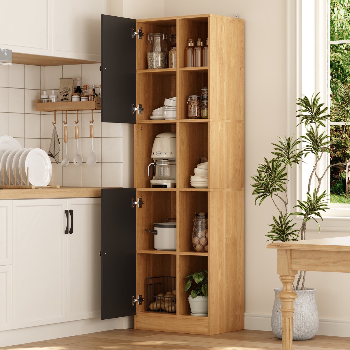 MIVRAY Keukenkast - Hoge Hoekkast Met Zes Open Vakken En Twee Deuren - Voor Keuken En Eetkamer - MDF - 50x35,5x170 Cm - Zwart Naturel