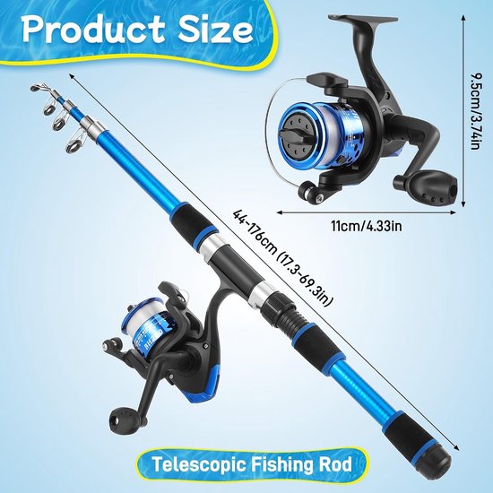 Telescopische Visserijset voor Kinderen, 45cm-176cm Hengel met Molen, Zachte Aas, Lijn en Haak, Perfect voor Buitenactiviteiten en Cadeau voor Jongens en Meisjes — afbeelding 5