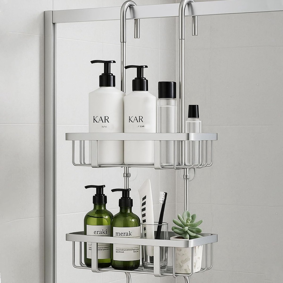 Hanging Shower Rack voor Shampoo en Douchegel - Wandrek zonder Boren, RVS, 57 cm Hoog, Ideaal voor Glazen Deuren en Badkameropslag