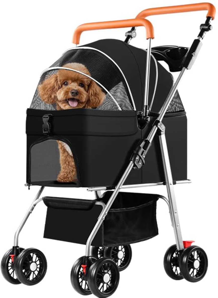 SnelShoppen - Opvouwbare Wandelwagen voor Kleine Honden en Katten - 360° Slijtvaste Rubber Wielen - Hondenreisdrager voor Middelgrote Honden - Zwart