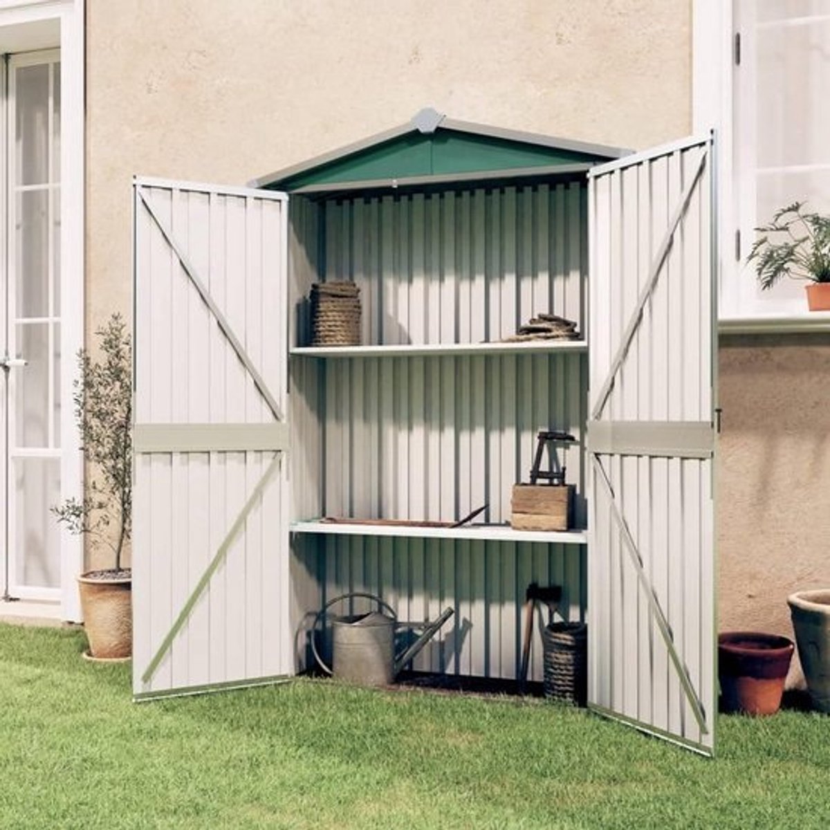 Metalen tuinhuis - Opbergbox voor buiten - Voor het opbergen van gereedschap - Verzinkt staal - 107 x 46 x 183 cm - Groen