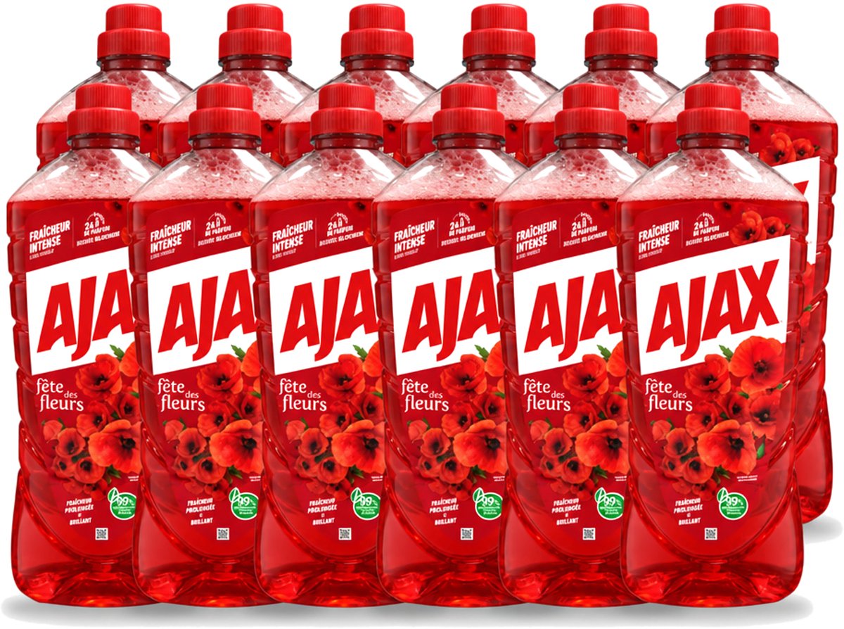12 x Ajax – Allesreiniger – Rode Bloemen – 1,25 L - Voordeelverpakking - 12 stuks