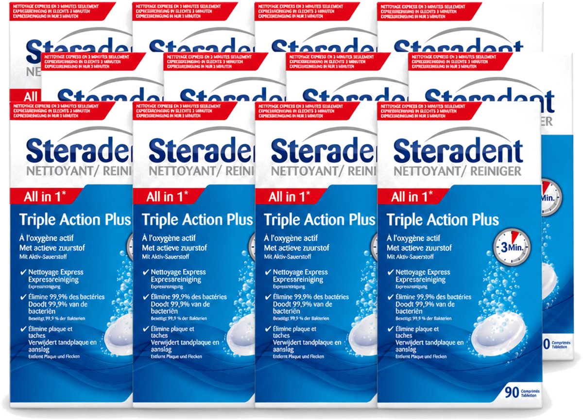 12 x Steradent - Kunstgebitreiniger - Tegen Tandplak En Aanslag - 90 Tabletten - Voordeelverpakking - 12 stuks