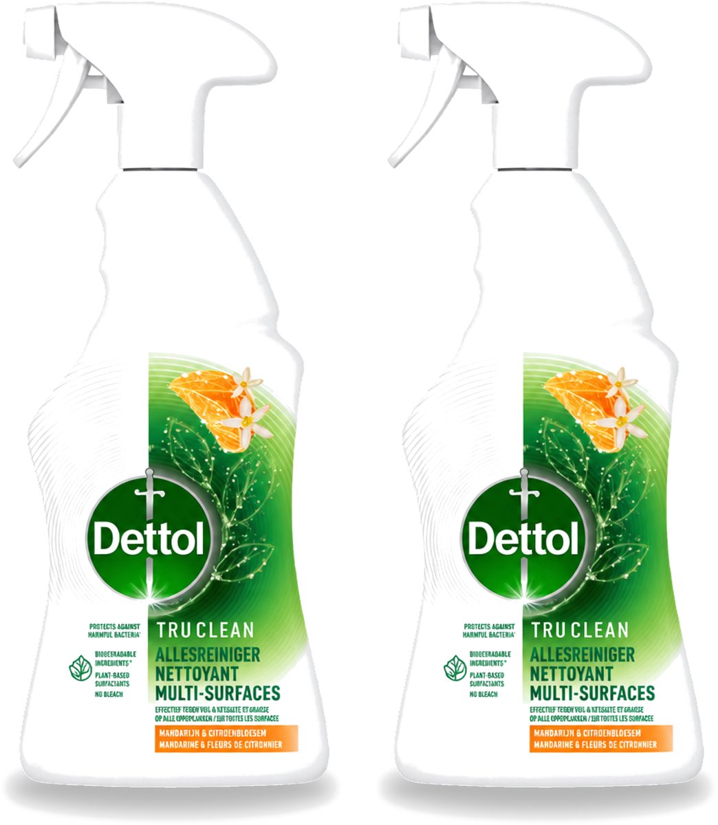 2 x Dettol Tru Clean - Allesreiniger - Spray - Mandarijn & Citroenbloesem - Multi-Oppervlakken - 500ml - Bulkverpakking - 2 stuks