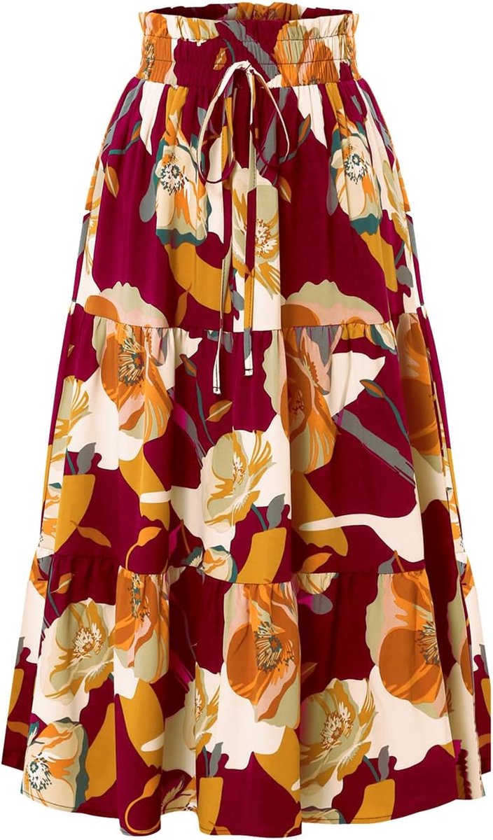 Adigaber Women Skirts Elastic Waist Vintage Skirts Floral Print Ruffles A-line Calf Length Skirts with Drawsting - ShopVlot