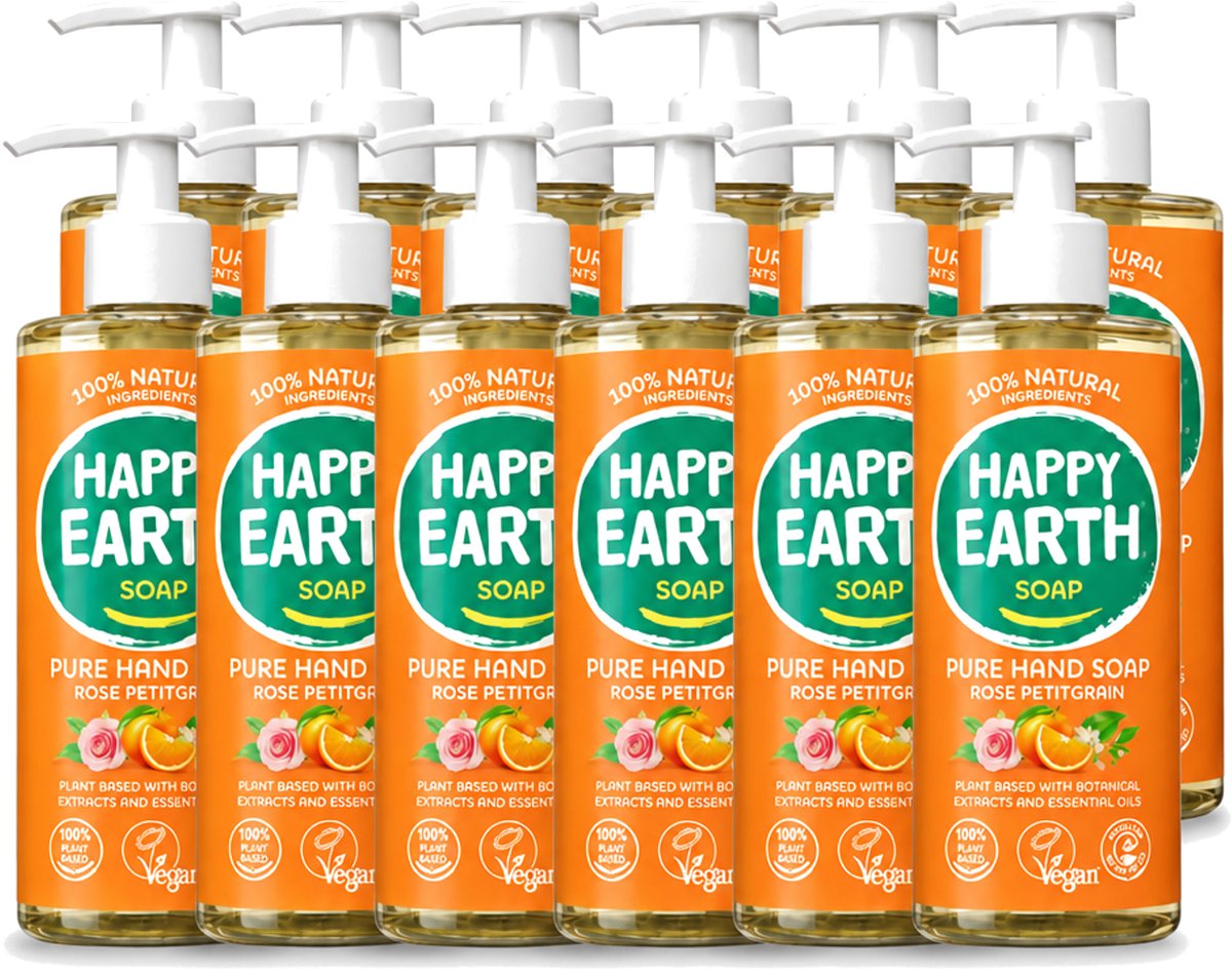 12 x Happy Earth – Handzeep – 100% Natuurlijk Rose Petitgrain – 300 ml - Voordeelverpakking - 12 stuks