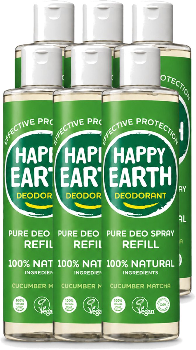 6 x Happy Earth – Deodorant Spray Navulling – 100% Natuurlijk Cucumber Matcha – 300 ml - Voordeelverpakking - 6 stuks