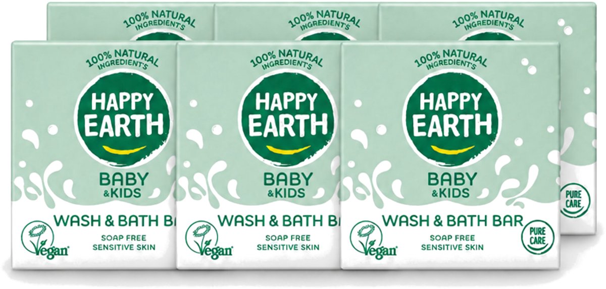 6 x Happy Earth – Wash & Bath Bar – 100% Natuurlijk Baby & Kids – 50 g - Voordeelverpakking - 6 stuks