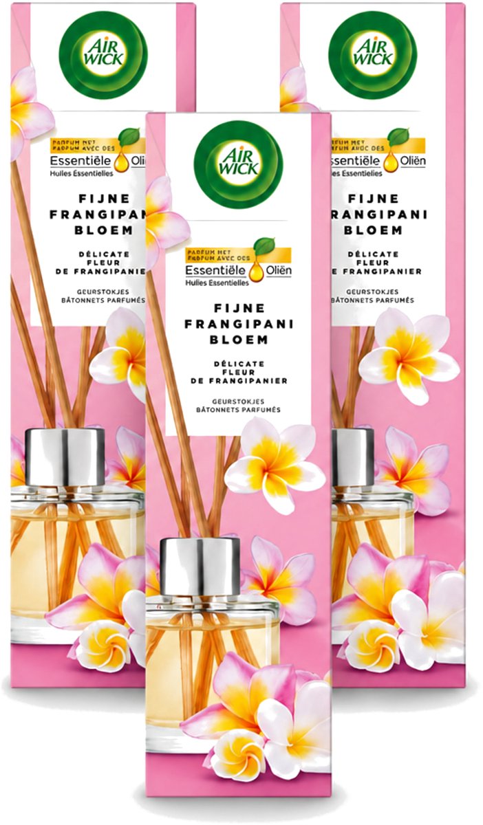 3 x Air Wick - Geurstokjes - Delicate Frangipani Bloemen - Essentiële Oliën - 40 ml - Voordeelverpakking - 3 stuks