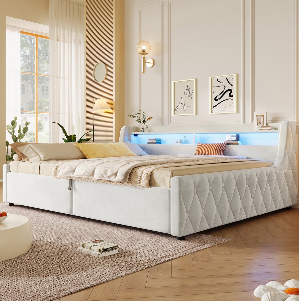 REDOM Bed met opbergruimte - Hydraulische opbergruimte - LED-hoofdbord met meerdere kleurmodi - Flanellen bekleding en MDF - Beige - 140 x 200 cm