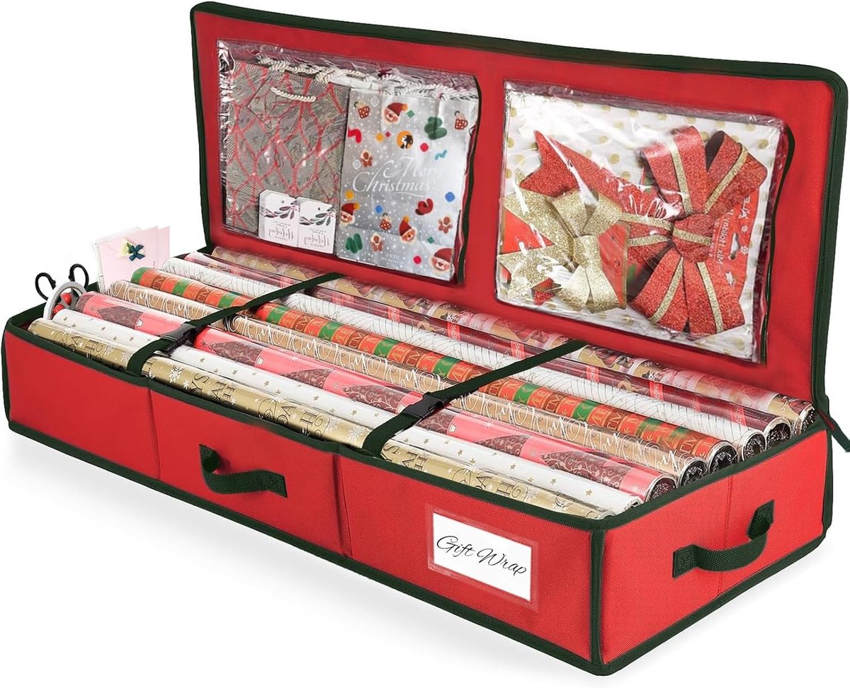 Opbergtas voor cadeaupapier met binnenvakken, 103 cm, duurzaam en praktisch, organizer voor rollen, strikken en kerstlinten (rood)
