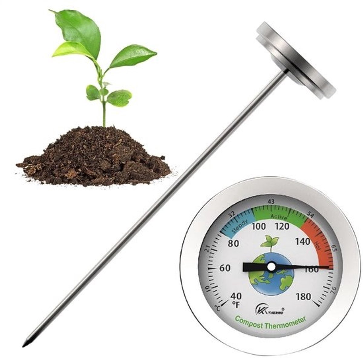 Bodemthermometer - Grondmeter voor de tuin - Compost controleren - Roestvrijstalen staaf - Sonde van 7 inch