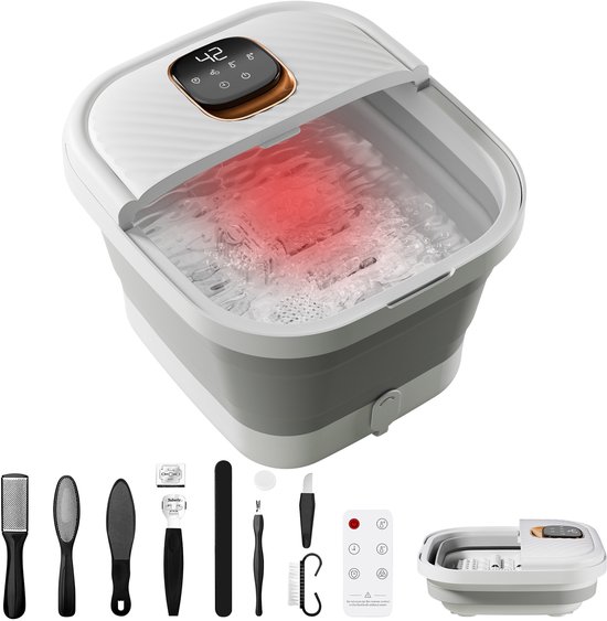 Opvouwbaar, grijs en wit elektrisch voetenbad met digitaal display, massage rollers en een set pedicure tools.