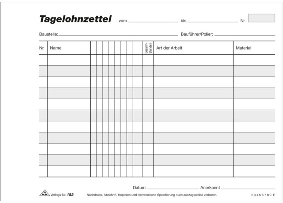 RNK Verlag dagloonformulier block, zelfkopiërend, DIN A5 dwars, 3 × 40 vel