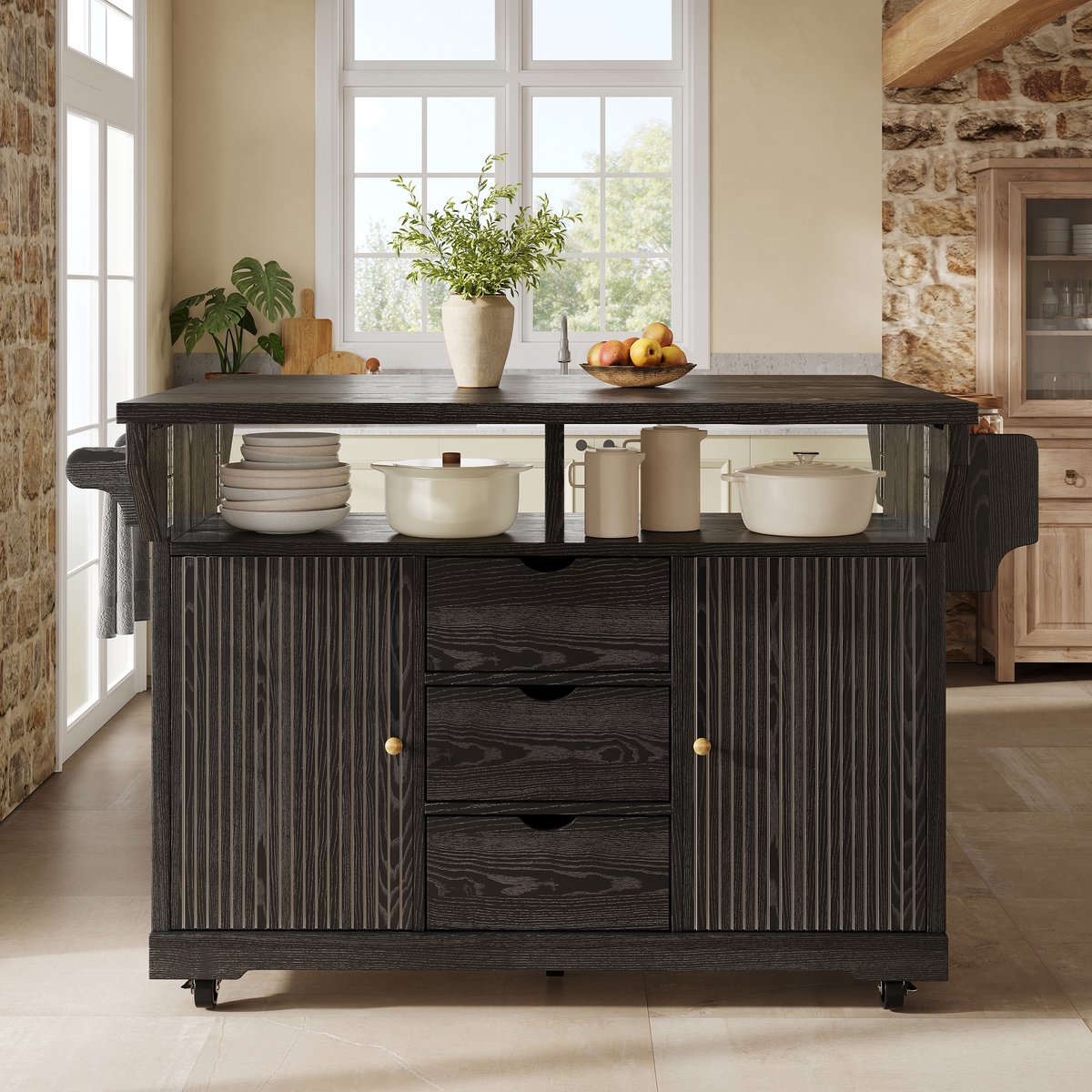 DESMIU Keukeneiland – Uitklapbare Werkbladen – 142,5 x 80 x 95 cm – MDF En Metaal – Zwart – Mobiele Keukenwagen Met Lades En Remwielen