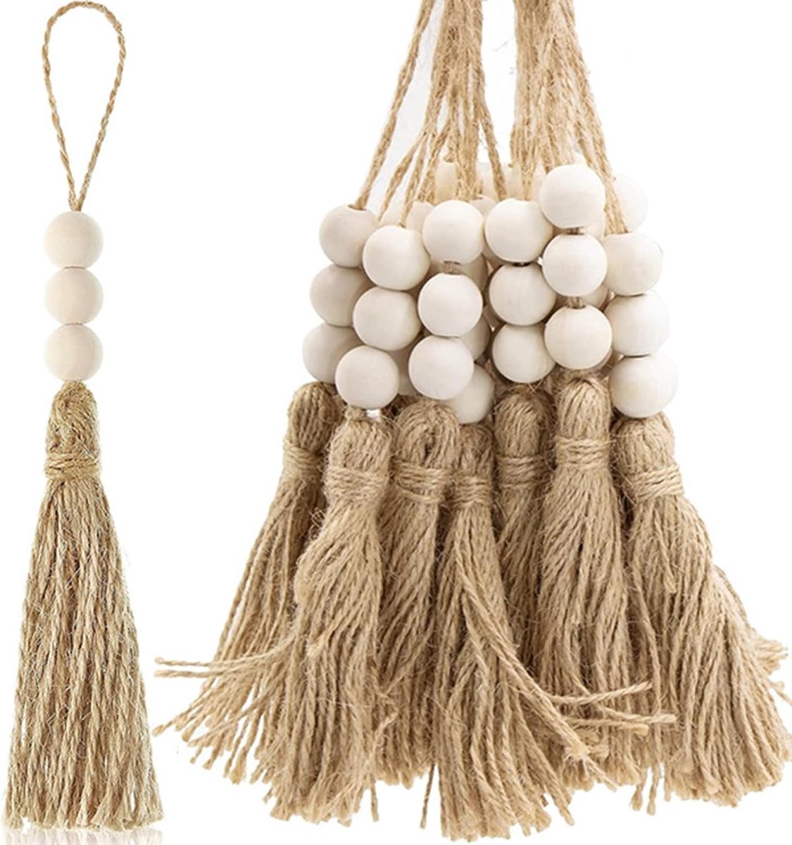 Set van 20 Jute Touwborstels met Houten Kralen, Rustieke Decoratieve Kwasten voor Deuren, Bruiloften en Creatieve Projecten