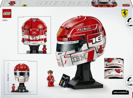 Achterkant LEGO doos Charles Leclerc helm. Toont helm van alle kanten en minifiguur. Met afmetingen 18 cm / 7 in.