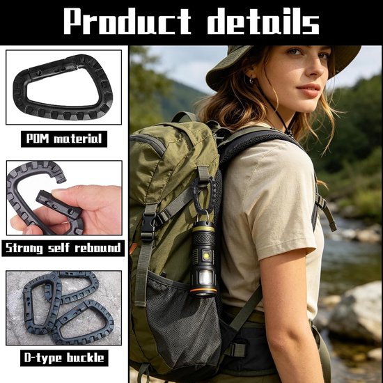 Set van 10 D-vormige kunststof karabiners voor outdoor, camping en klimmen — afbeelding 5