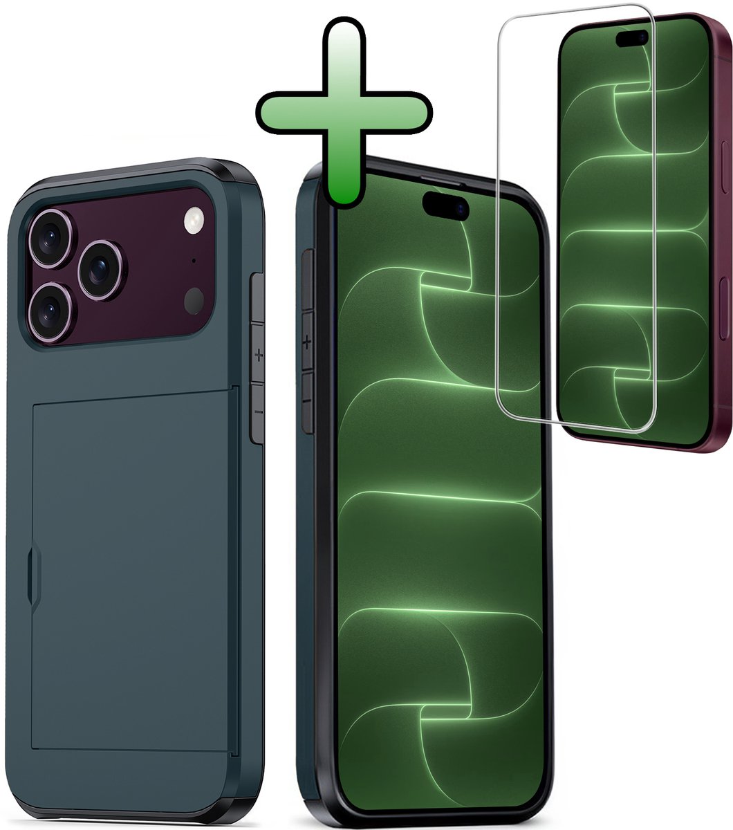 Hoes Geschikt voor iPhone 18 Pro Max Hoesje Hard Case Met Pas Houder Met Screenprotector - Hoesje Geschikt voor iPhone 18 Pro Max Hoes Shockproof Hard Cover Met Kaarthouder - Donkerblauw