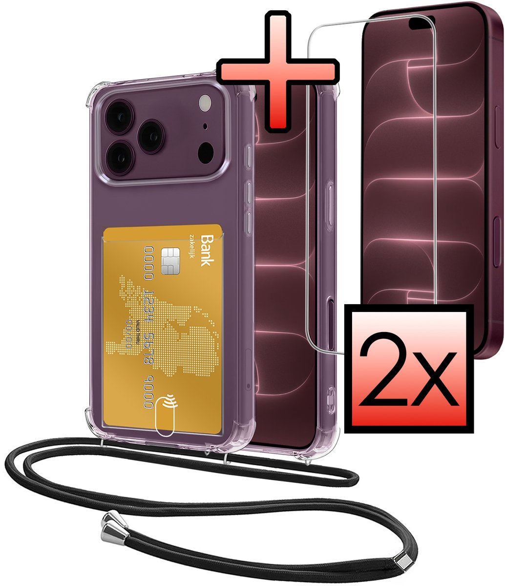 Hoes Geschikt voor Apple iPhone 18 Pro Max Hoesje Pasjeshouder Cover Met Koord Shock Proof Case Siliconen Hoes Met Telefoonkoord en Kaarthouder Met 2x Screenprotector - Transparant