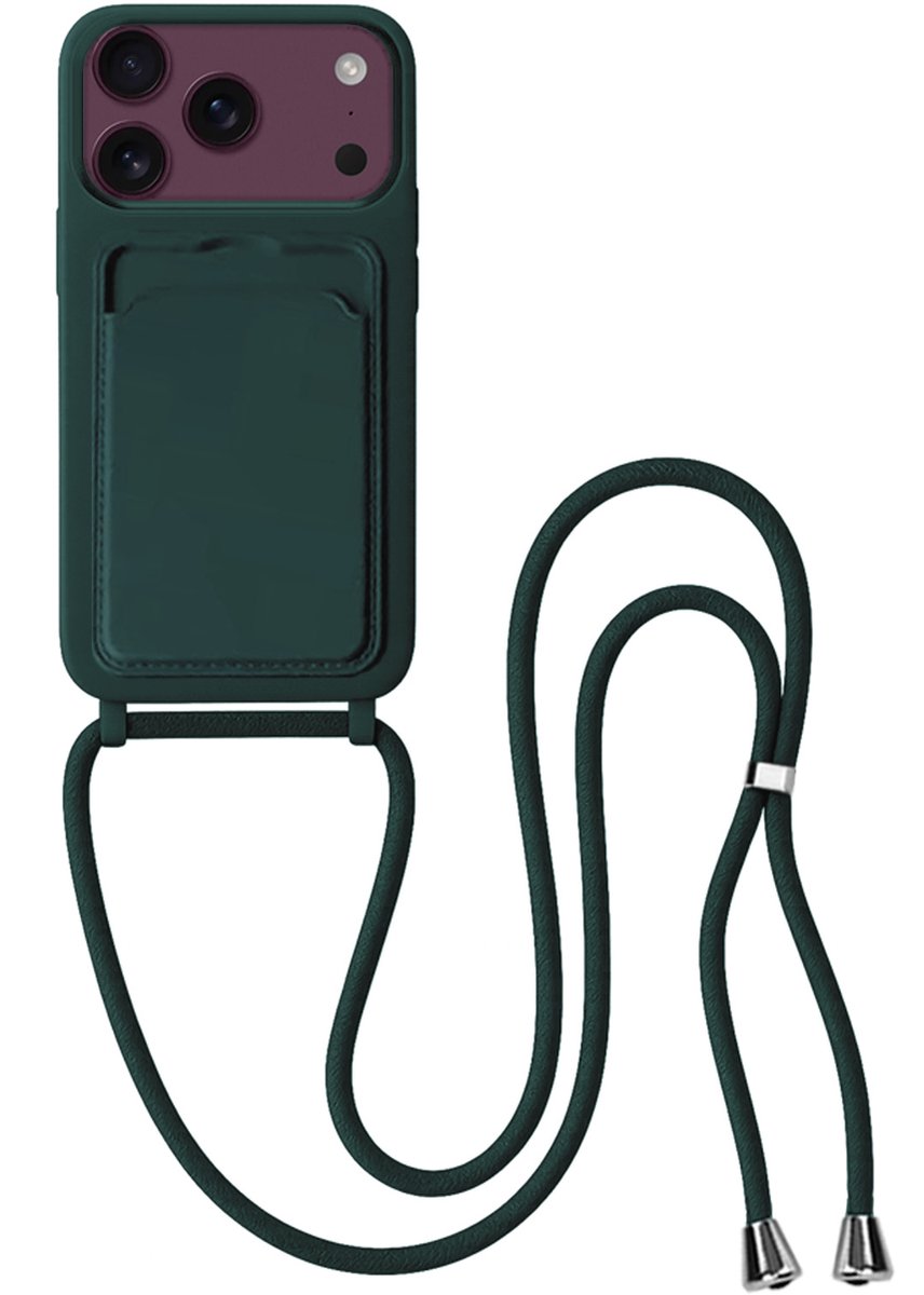 Hoes Geschikt voor iPhone 18 Pro Hoesje Met Koord - Telefoonhoesje Geschikt voor iPhone 18 Pro Backcover Met Afneembaar Koord - Donkergroen