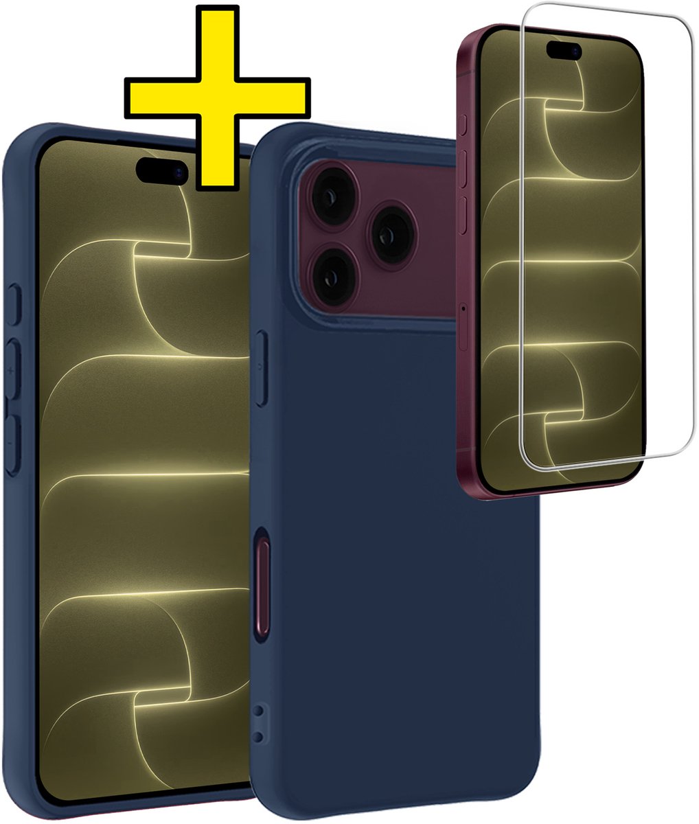 Hoesje - Met Screenprotector - Geschikt voor Apple iPhone 18 Pro Max - Sterk & Shockproof - Back Cover - Siliconen Case - Telefoon Hoes - Telefoonhoesjes - Donkerblauw