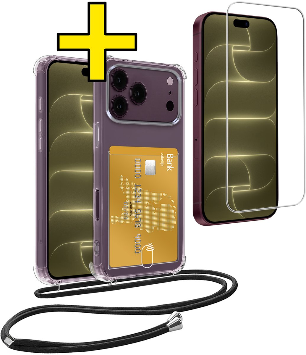 Hoesje Geschikt voor iPhone 18 Pro Max Telefoonhoesje Met Koord Case Pashouder Met Screenprotector Siliconen - Hoes Geschikt voor iPhone 18 Pro Max Hoesje Met Kaarthouder - Transparant