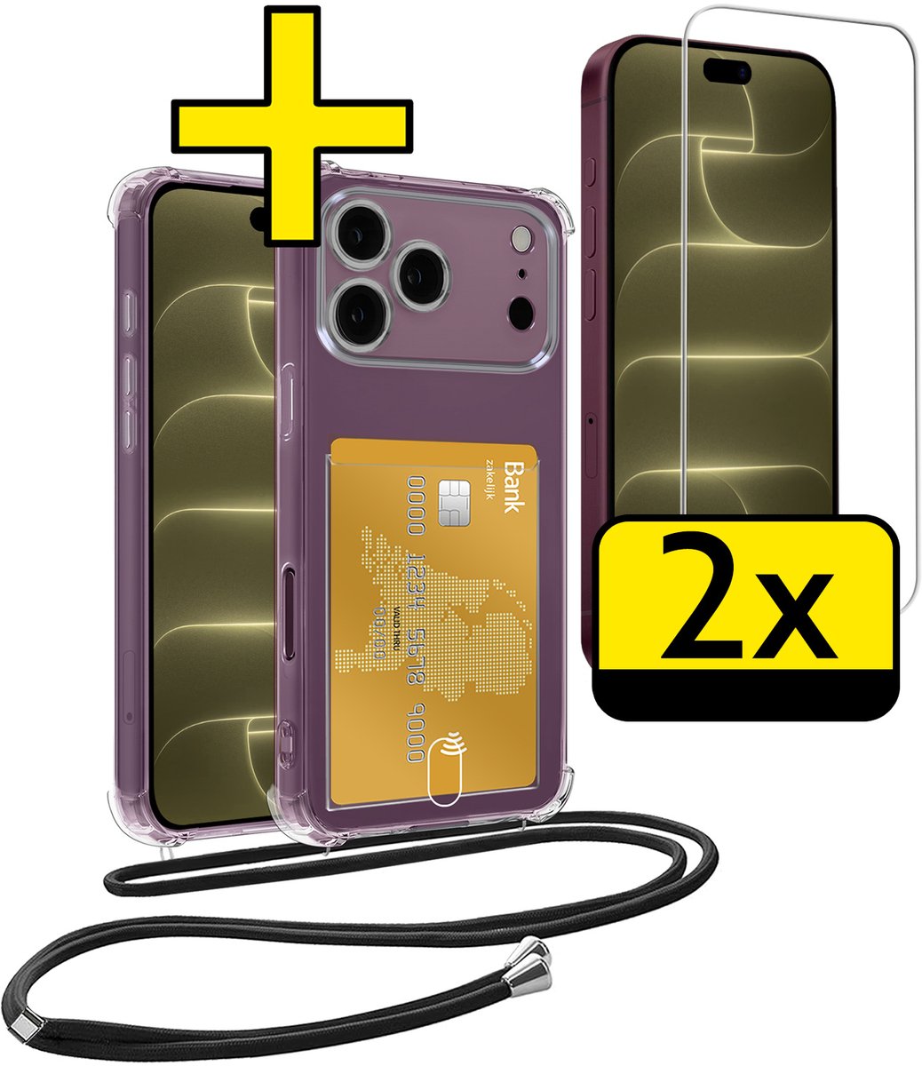 Hoesje Geschikt voor iPhone 18 Pro Telefoonhoesje Met Koord Case Pashouder Met 2x Screenprotector Siliconen - Hoes Geschikt voor iPhone 18 Pro Hoesje Met Kaarthouder - Transparant