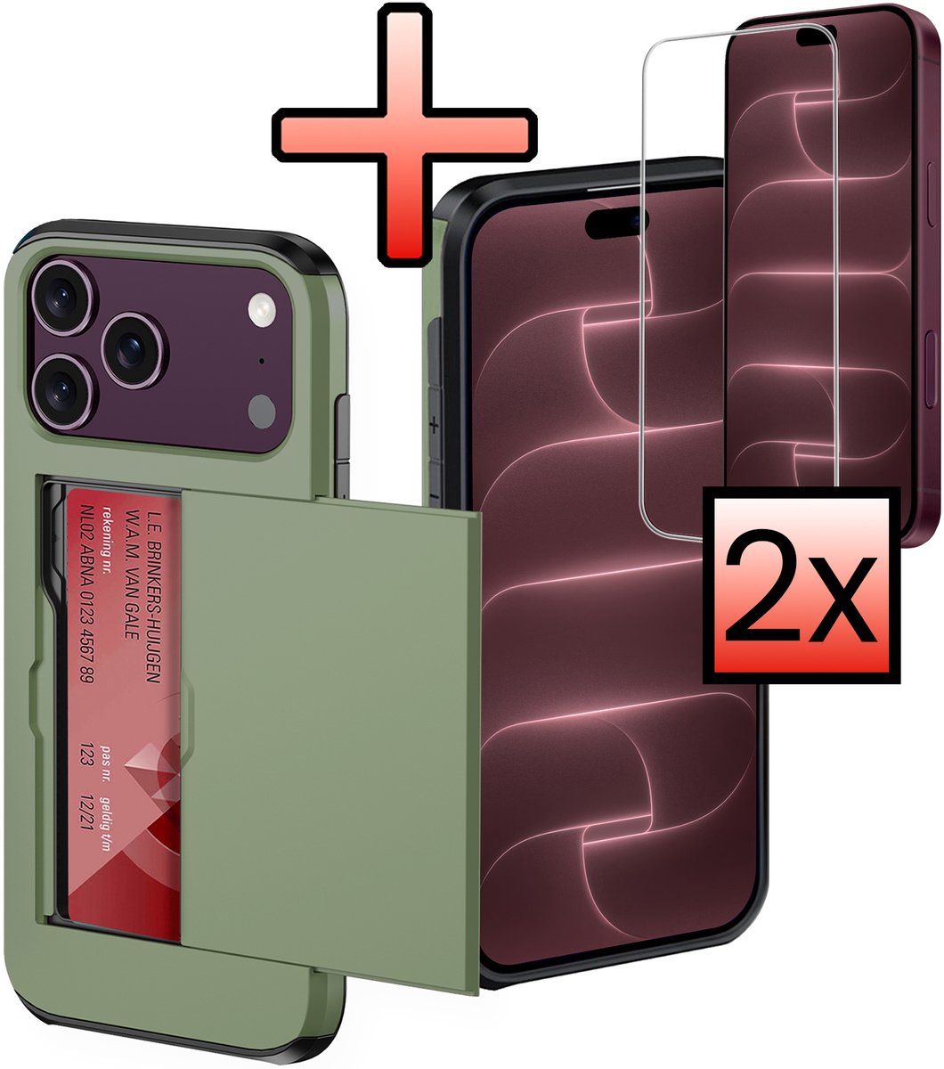 Hoes Geschikt voor iPhone 18 Pro Max Hoesje Pasjeshouder Hard Cover Met 2x Screenprotector Shock Proof Hard Case Hoes Met Kaarthouder - Donkergroen