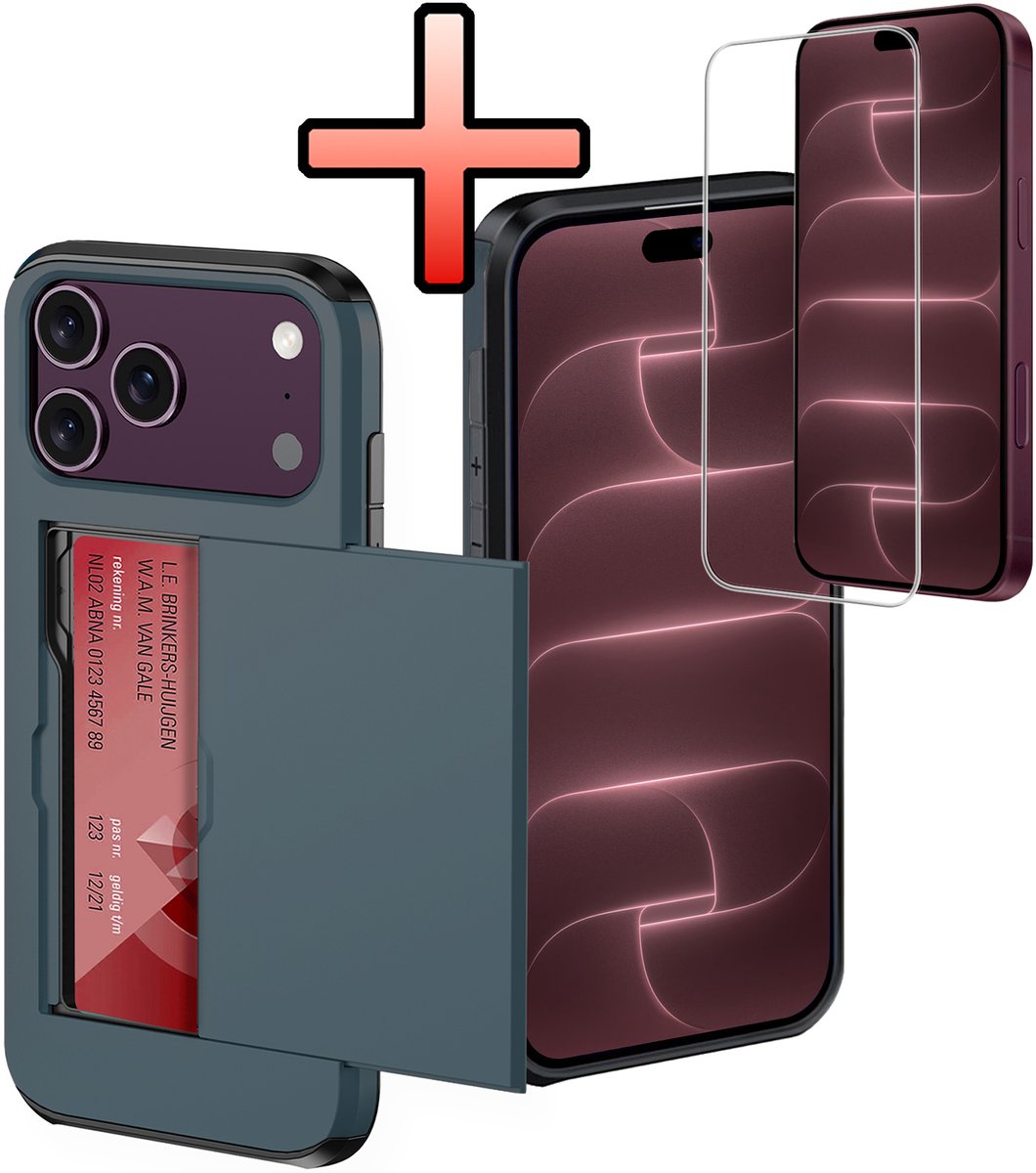 Hoes Geschikt voor iPhone 18 Pro Hoesje Pasjeshouder Hard Cover Met Screenprotector Shock Proof Hard Case Hoes Met Kaarthouder - Donkerblauw