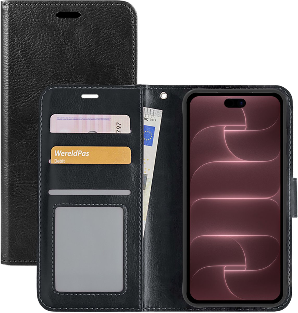 Hoesje - Met Pasjeshouder - Geschikt voor Apple iPhone 18 Pro - Luxe Bookcase Portemonee - Flip Case - Kunstleer Book Case - Flipcase - Book Cover - Walletcase - Portemonneehoes - Zwart