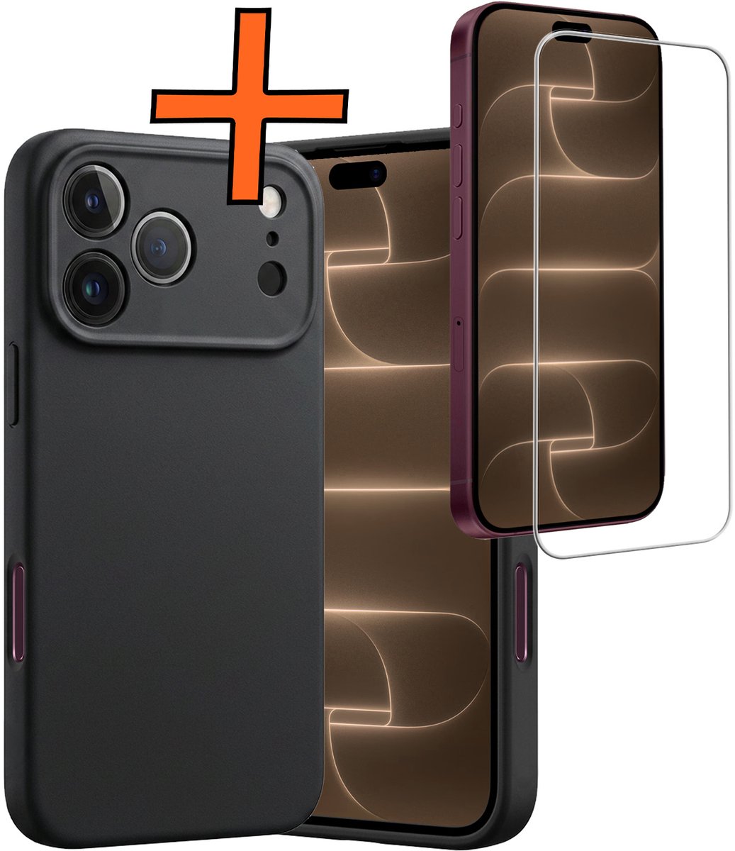 Hoes - Met Screenprotector - Geschikt voor Apple iPhone 18 Pro - Sterk & Shockproof - Back Cover - Siliconen Case - Telefoon Hoes - Zwart
