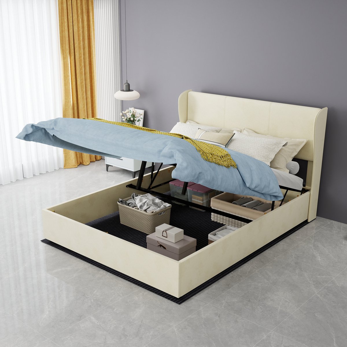 AURA LUMEN Gestoffeerd bed-Twijnfelaarbed-140 x 200 cm-Hydraulisch bed met opbergruimte-Bed met hoofdbord-Beige