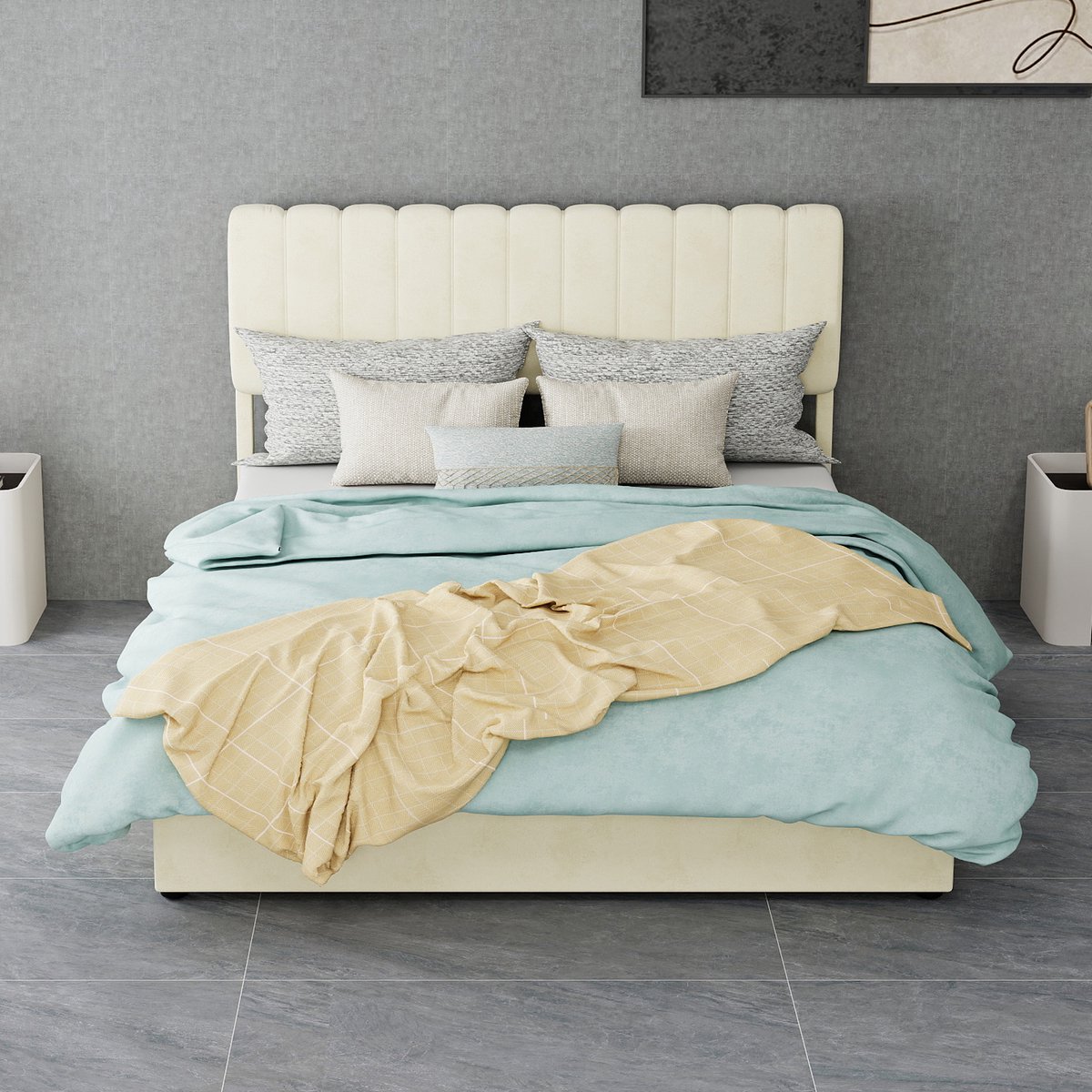 AURA LUMEN Gestoffeerd bed Twijfelaarbed 140 x 200 cm Opbergbed met gasveer Bed met hoofdbord Beige