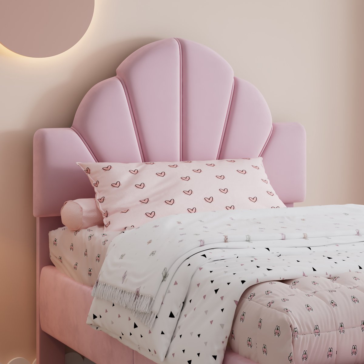 AURA LUMEN Gestoffeerd bed-Eenpersoonsbed-90 x 200 cm-Samtkopfteil-Bedbank-Rosa-Zonder matras Roze
