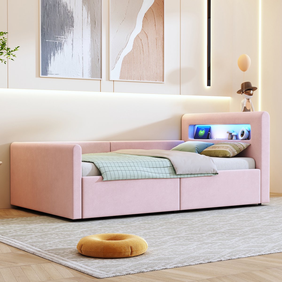 AURA LUMEN Gestoffeerd bed-Eenpersoonsbed-90 x 200 cm-Hydraulisch bed-Bed met LED en USB-Rosa Roze